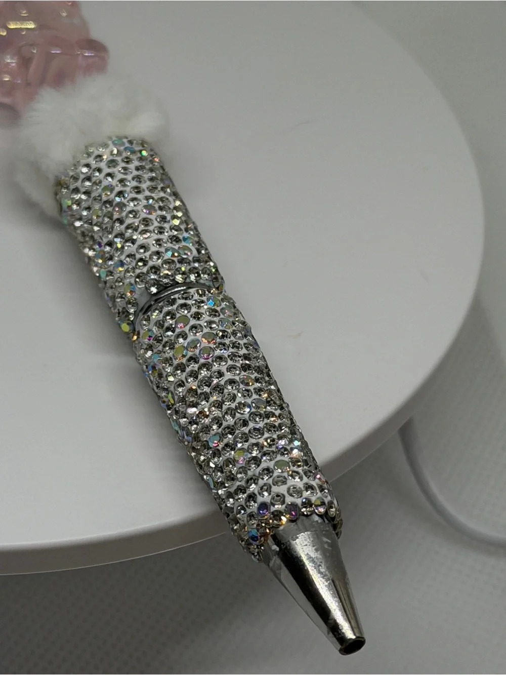 Sparkling Pink Crystal Ballpoint Pen with Faux Fur
